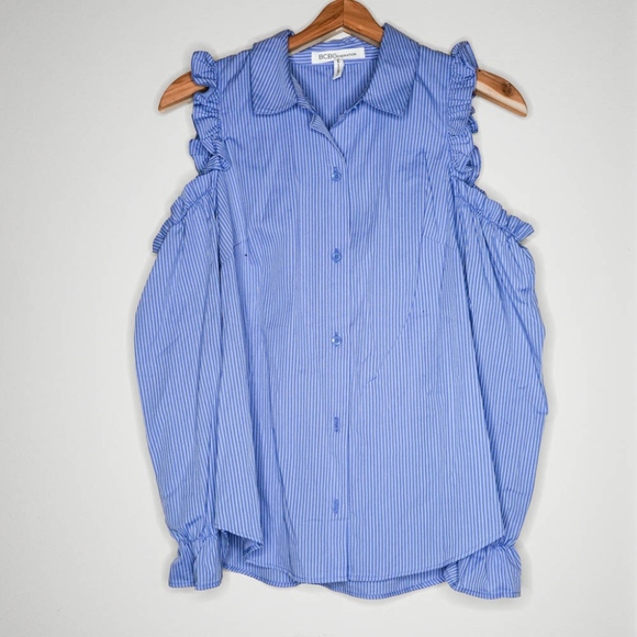 BCBGENERATION Cold-Shoulder Ruffled Pinstripe Shir - Picture 2 of 3
